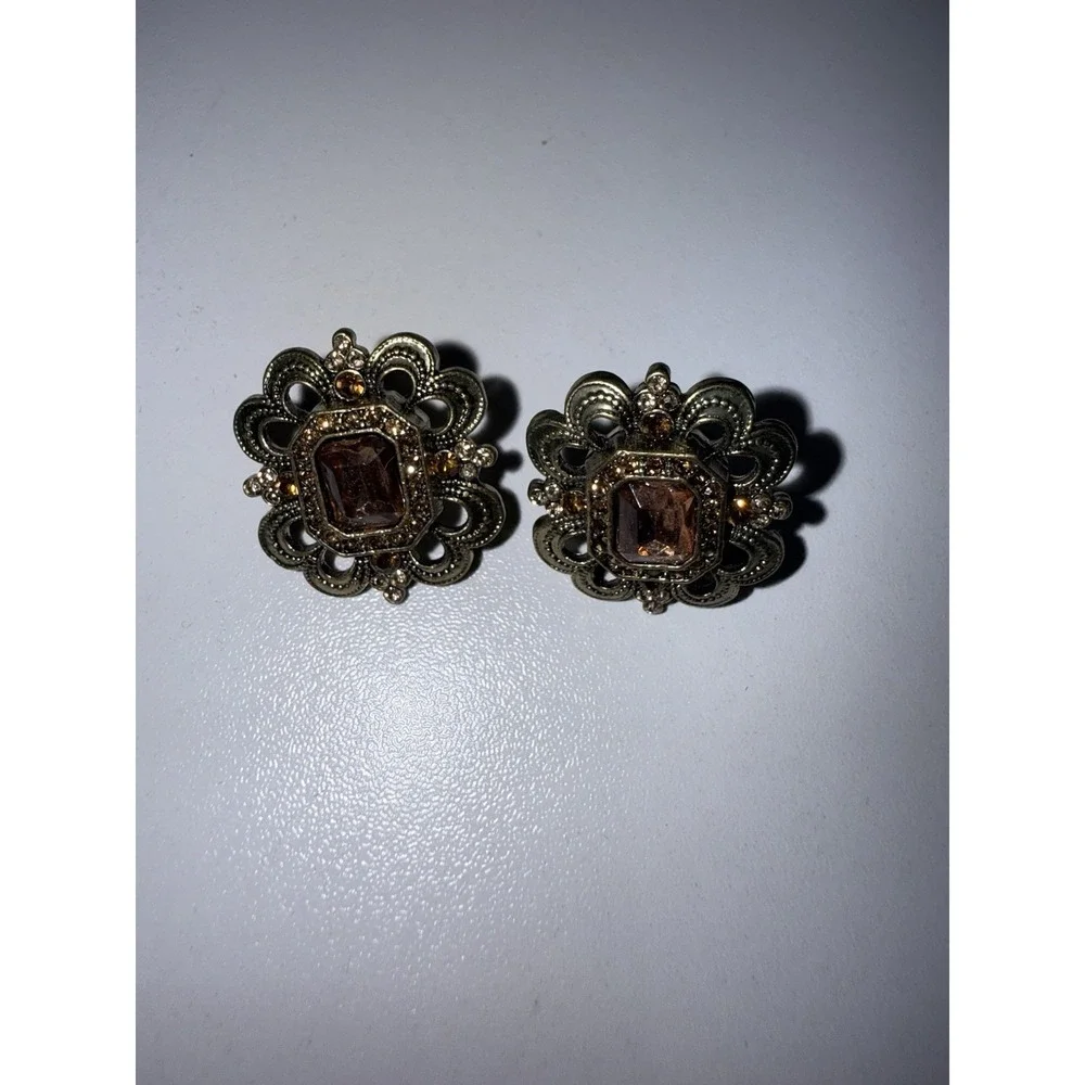 Vtg Goldtone Yellow Crystal‎ Ornate AVON SO SP Pierced Earrings 1